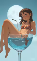 a young girl laying on a glass holding a straw and a beer