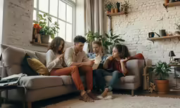 three people sitting on a couch next to each other