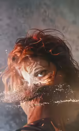 a woman with long red hair and blue eyes