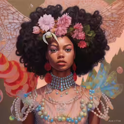 a digital painting of a woman with floral hair and jewelry,a painting shows an illustration of a black woman with afro hair