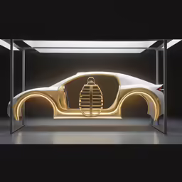 the white car is sitting under a bright light
