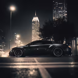 a sports car sits on the road in front of a lit skyscraper