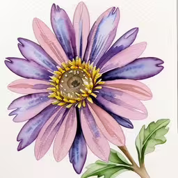 a painting of a purple flower with leaves,a watercolor painting of a flower with purple petals