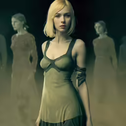 a woman wearing a brown dress in front of three women