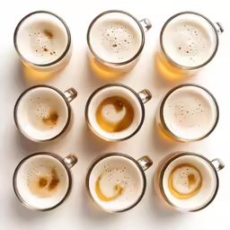 eight mugs filled with light brown liquid
