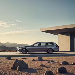a grey car parked in front of an adobe building