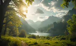 the sun shines through clouds over a mountain lake