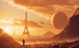 the eiffel tower is in the sky over a small town