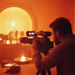 the man is filming in front of the light