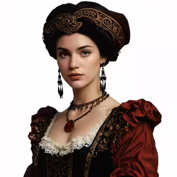 a women wearing a red dress and brown necklace