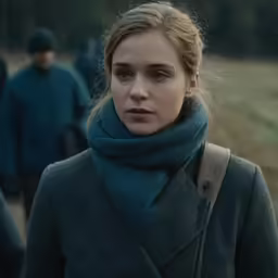 a woman with a large scarf around her neck looking back