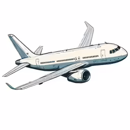 a drawing of a white and blue jet airliner flying