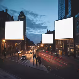 two billboards in the middle of a city at dusk