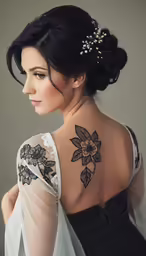 a woman in black dress has tattoo on her back