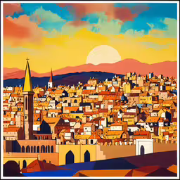 a poster with a cityscape showing a sunset,a view of a colorful city with a red yellow and blue sky
