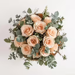fresh flowers and leaves arranged in an old wicker basket