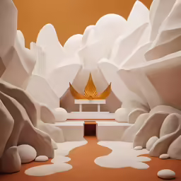 a large room with a white and orange design