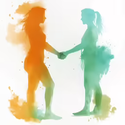 two women holding hands with colored splash in the background