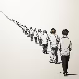 a drawing of a line of people walking down the street