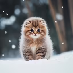 a small kitten is walking in the snow