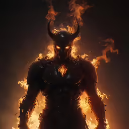 an evil looking man with flames in his hands