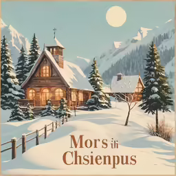 a poster with a lit up house in the snow