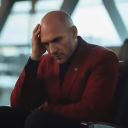 a bald man sitting on a chair with his hand near his head