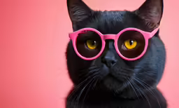 a black cat with yellow eyes wearing a pink glasses