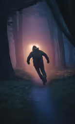 someone walking down the path towards a light coming out of his jacket