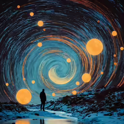 a man looks at balls of orange on the night sky
