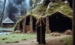 a woman standing in front of a forest filled with trees