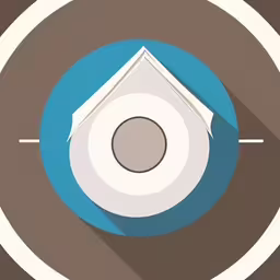 a piece of paper with a round and a long shadow,the blue circle is filled with a white paper,an overhead view of a paper work with a blue center,a round icon with a white envelope on it,a bird house is shown on a circle