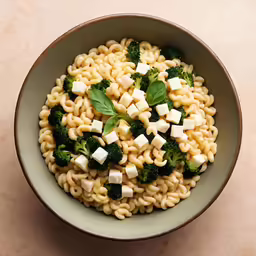 a bowl of pasta with broccoli, tofu and cheese