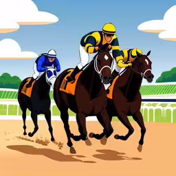 the three horses are running towards the green,the two horses are racing for the next race