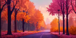 an illustration of a street with fall foliages,a painting of a fall landscape with leaves on the trees