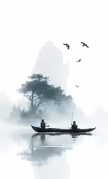 a man riding on the back of a boat on top of a lake