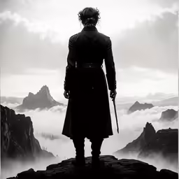 a man in a trench coat is on top of a hill with a sword