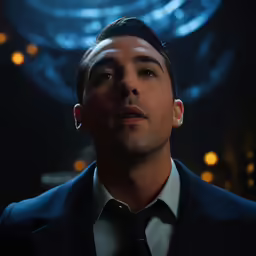 a man in a suit stands against a backdrop
