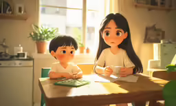 two children sitting at a desk with papers