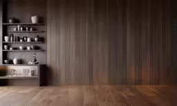 wood paneled room with a shelf and a cabinet on the side