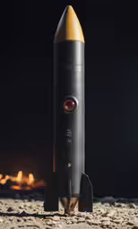 a saturn rocket sits on some sand next to a coal lighter
