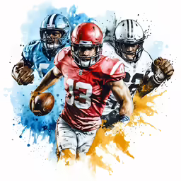 the painting shows three football players running and one holding a ball