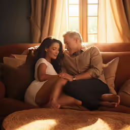 a pregnant woman sitting on top of a man in front of a window