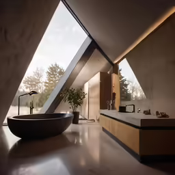 there is an unusual bathroom with large sinks and tub