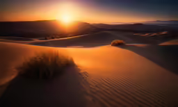 the sun is setting in the distance over an expanse of sand dunes