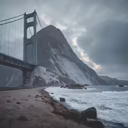 a long bridge spans over the ocean next to a mountain