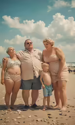 a man and two women with their children on the beach