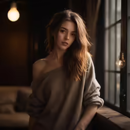 young woman posing in a cozy sweater with her hands on her hips