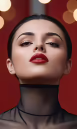 a woman wearing red lips is pictured from the neck down