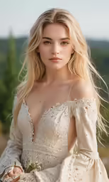 a woman in an off shoulder wedding gown holds her hands on the waist and wears a flower in her right hand